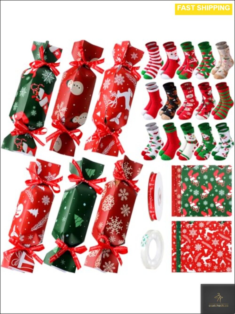 30 Pairs Fuzzy Christmas Socks Gift Set with Candy Wrappers & Ribbon